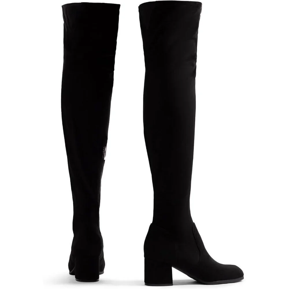 Women's Black-suede Faux Leather Over The Knee Thigh High Chunky Heel Long Boots